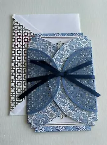 Hallmark Blank Card Signature ~ Multi Piece Navy Blue & White Pattern w/Ribbon - Picture 1 of 3