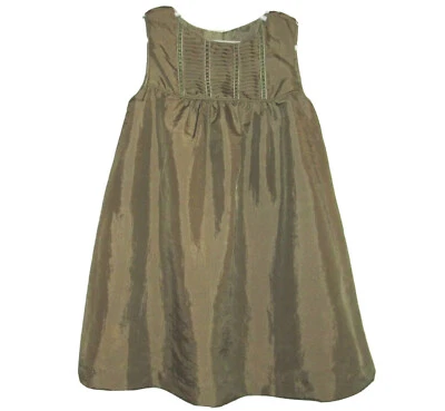 DKNY toddler girls OLIVE SATIN holiday dress 3T PINTUCKED bodice EUC Occasion - Image 1 of 4