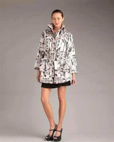 SAMUEL DONG BLACK, IVORY & ORANGE SATIN JERSEY ZIPPED TRENCHCOAT, UK-12 - Image 1 of 3