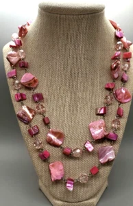 Pink Shell Bead and Crystal Necklace - Silver Tone Linked Chain - Boho Chic 19" - Bild 1 von 8