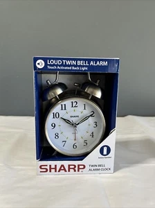 SHARP Twin Bell Alarm Clock Silver Battery Operated Loud Alarm Backlight NEW AF - Picture 1 of 6