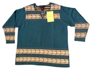 NEW Denim & Co Alpine Sweater Plus Size 1X V Neck Teal Cream Brown Coral NWT - Picture 1 of 2