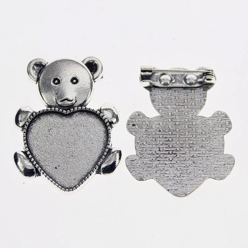 4pcs Tibetan Silver Color Heart 20mm Cabochon Settings Bear Brooch Design XA073 - Image 1 of 1