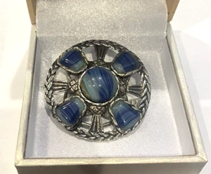 Vintage Celtic Silver Plated Brooch Blue Molded  Glass Maltese Cross Scarf Clip - Picture 1 of 4