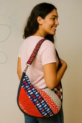 Handmade Upcycled Denim Crescent Crossbody Bag – Boho Patchwork Hobo by Lidia - Image 1 of 4