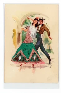Postal Bordada Bailarines de Flamenco Españoles Traje Tradicional Turquesa - Imagen 1 de 2