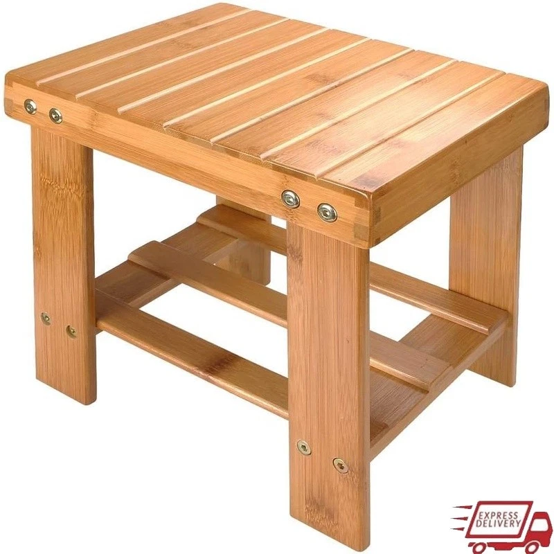 Durable Bamboo Step Stool 10 Inch Multi-purpose Footstool W/ Storage Shelf New - Image 1 of 4