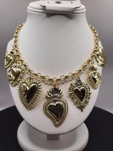 COLLAR-Collar Corazón Sagrado Chapado en Oro 18K Multi 7 Colgante Eslabones Grandes Collar 16" - Imagen 1 de 7