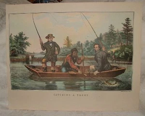 Vintage 1950s Currier & Ives Reprint CATCHING A TROUT Boat Fish Black Servant - Picture 1 of 5