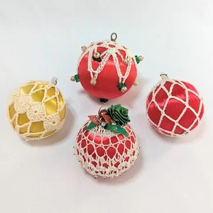 4 Vtg Crocheted Lace Beaded Satin String Ball Ornaments Push Pin Handmade 2.5” - Picture 1 of 7