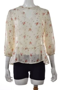 Angie Womens Top Size L Ivory Pink Floral Blouse Shirt 3/4 Sleeve Polyester - Picture 1 of 4