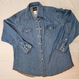 Vintage Wrangler Denim Pearl Snap Shirt Western Cowboy Jean Shirt Sz XXL Spot - Picture 1 of 10