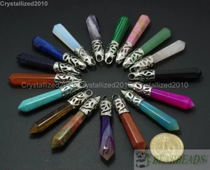 Natural Gemstone Long Hexagonal Pointed Reiki Chakra Healing Pendant Beads Pick - Picture 1 of 41