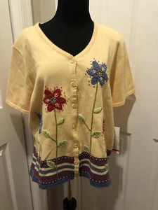 Alfred Dunner Yellow Embroidered Button Floral Women XL Sweater Never Worn Tags - Picture 1 of 11
