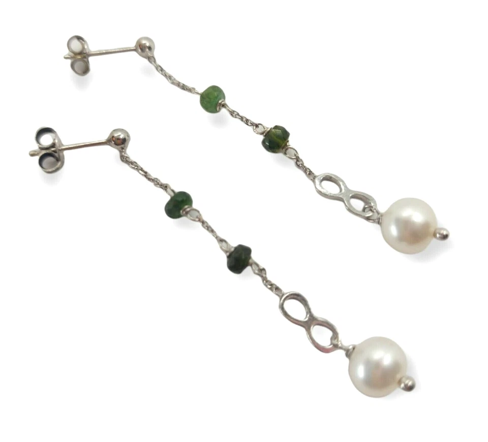  ORECCHINI PENDENTI IN ARGENTO 925 CON TORMALINE VERDI, PERLE BIANCHE E INFINITO - Immagine 1 di 1