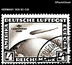 DEUTSCHLAND 1930 SC C39 4M BLK BRN 1. FLUG NACH S. AMERIKA GRAF ZEPPELIN UNG F/VF - Bild 1 von 2