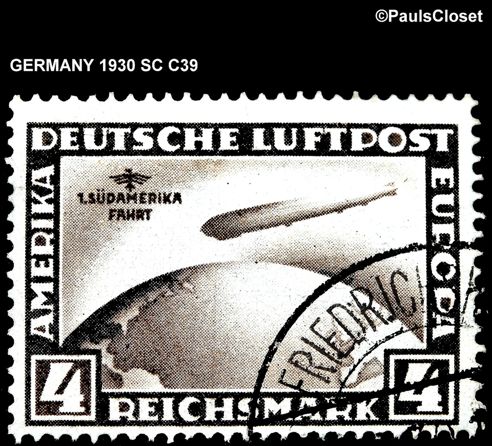 GERMANY 1930 SC C39 4M BLK BRN 1st FLIGHT TO S. AMERICA GRAF ZEPPELIN UNG F/VF - Image 1 of 2