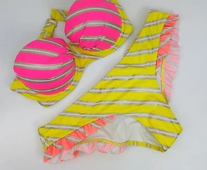NWT Victoria's Secret Bikini Add 1 Cup Push Up Bandeau 34B S Metallic Stripe - Picture 1 of 8