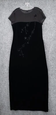 JR Nites 连衣裙女式 16 码黑色切尔西长裙花卉天鹅绒透明异想天开 — 第 1/4 张图片