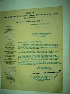 Lettre Orchestre Radisse M Lambert Théatre Violoncelle Vincennes Autographe - Picture 1 of 1