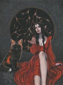 Arte Gótico de Fantasía PINTURA ORIGINAL Mujer Demonio Zorro Oscuro Naranja Rojo Sexy Malvado - Imagen 1 de 3