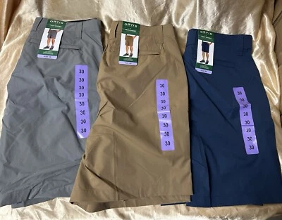 LOT of 3 Pair : New ORVIS Thigh Pocket TECH SHORTS size 30 tan navy-blue gray - Image 1 of 4