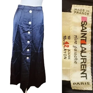 60s Yves Saint Laurent Rive Gauche Navy Satin Button Down Maxi Skirt Small 4 6 - Picture 1 of 12
