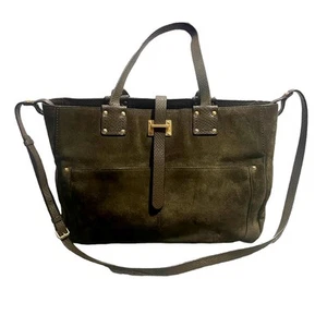 Henri Bendel Cortlandt St Satchel Suede Leather Green Brwn Shoulder Bag MSRP$450 - Picture 1 of 15