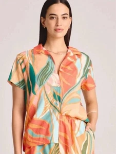 Top misto lino vitamina A manica corta bottoni spiaggia resort corallo stampa palma XXL - Foto 1 di 7