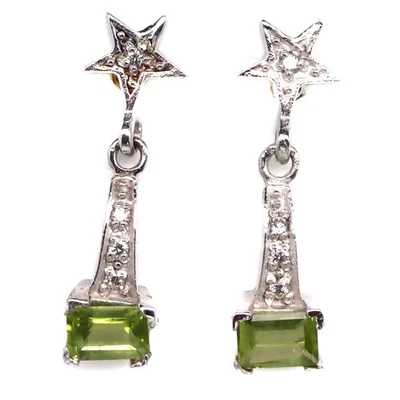 925 Sterling Silver 4 x 6 MM. Green Peridot & White Zircon Birthstone Earrings - Image 1 of 4