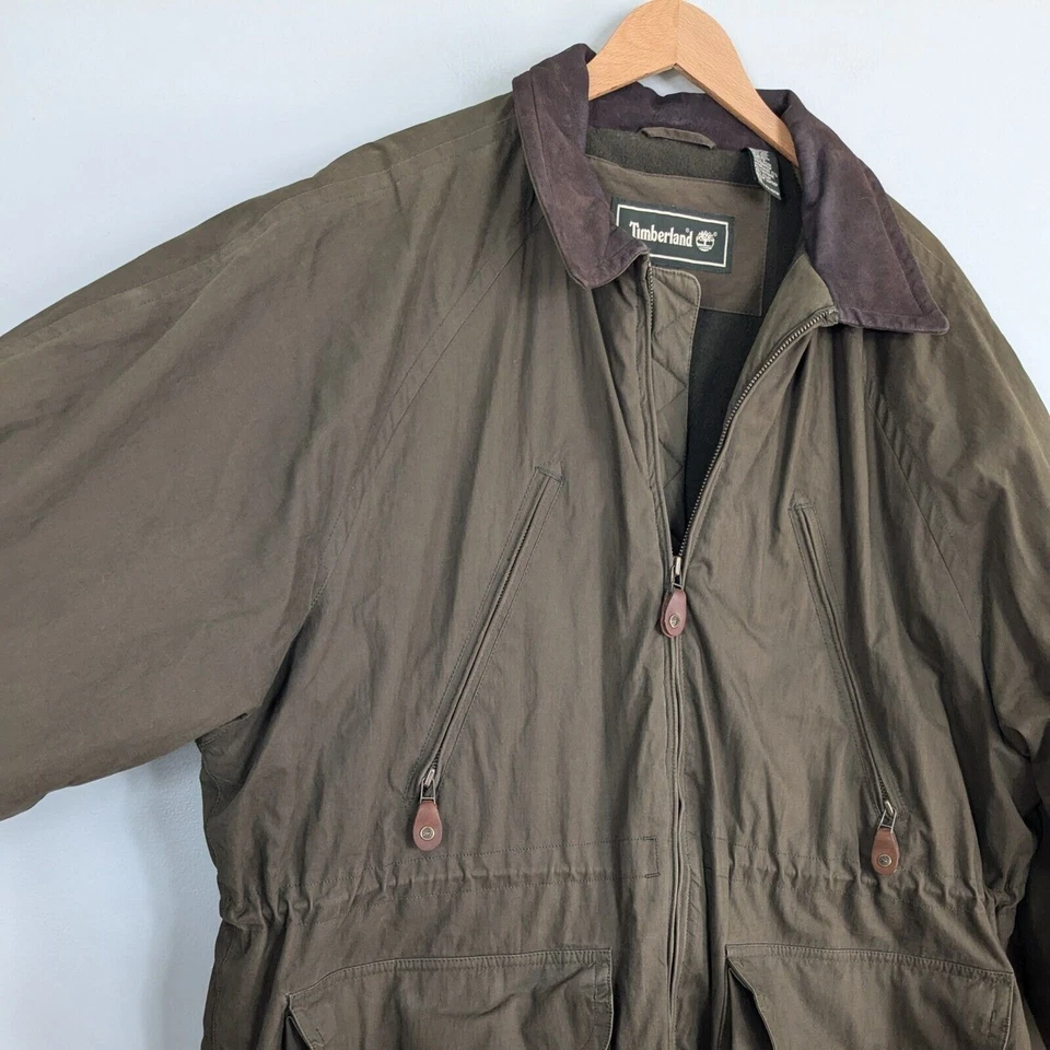 Timberland Barn Jacket L Green Brown Vintage Chore Coat Leather Collar Wool  - Image 1 of 4