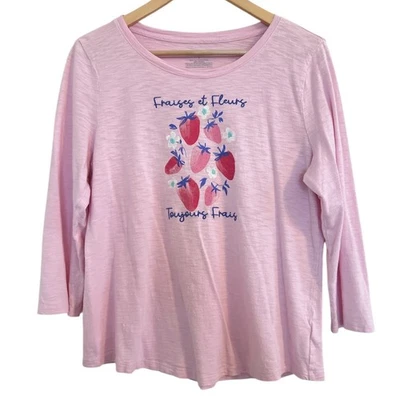 Camiseta Talbots Slub Tejida Para Mujer Talla Grande Fresa Bordada Manga 3/4 Camiseta Foto 1 de 4