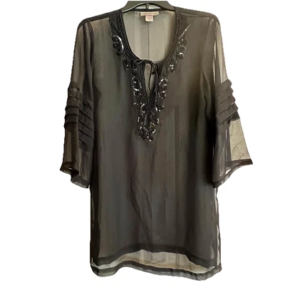 Peppermint Bay Womens M Beach Cover Up Black Sheer Embroidered Bling Boho Whimsy - Image 1 of 4