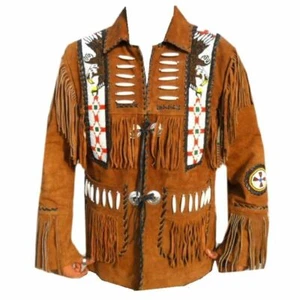 Giacca In Pelle Scamosciata Cowboy Occidentale Vintage Frange Perline Cappotto - Picture 1 of 3