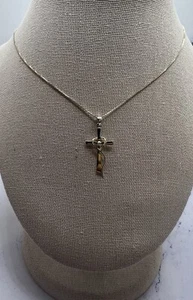925 Sterling Silver Cross w White Topaz Stud & Heart Rope Pendant on Box Chain - Picture 1 of 9