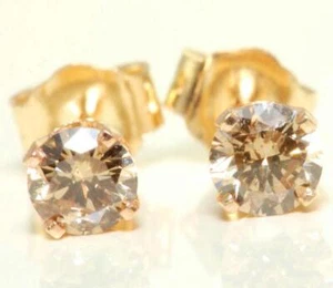 0.55ct Natural Champagne Diamond 14K Yellow Solid Gold Stud Earrings Push Back - Picture 1 of 1