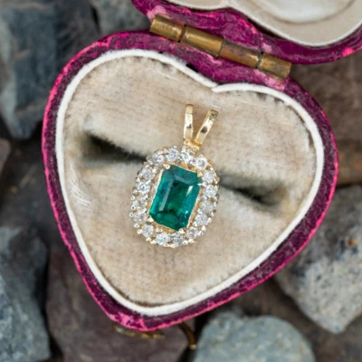 Smaragdschliff Lab Created Green Emerald Halo Halskette 925 Sterling Silber A... - Bild 1 von 4