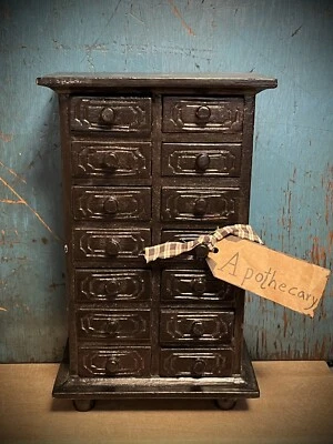 Primitive Farmhouse 14 Drawer Wooden Black Paint Spice / Apothecary Box - Image 1 of 4