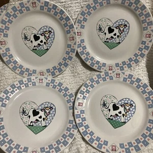 TABLETOPS UNLIMITED Buttermilk Cow Heart Blue Pink 7 1/2" 4 Salad Plates VTG New - Picture 1 of 12