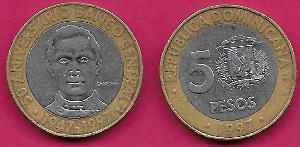 DOMINICAN REP 5 PESOS 1947-1997 XF 1 YEAR TYPE,50th ANNIVERSARY CENTRAL BANK,DEN - Image 1 of 1