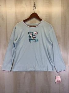 Goodnight Kiss Sweet Dreams Cat Sleeping Embroidered Long Sleeve Top Large NWD - Picture 1 of 10