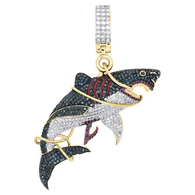 14K Yellow Gold Round Ruby & Diamond Shark Statement Pendant 2.75" Charm 3.50 CT - Image 1 of 4