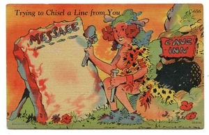 Curt Teich Line Comic Post Card Risque Cave Woman Cave Inn Writing with Chisel - Picture 1 of 2