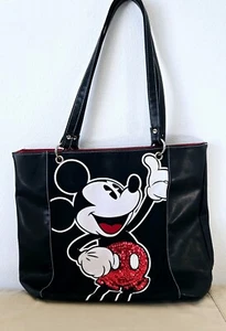 Disney Mickey Mouse Tote Bag Purse Black Faux Leather Canvas Red Sequins - Picture 1 of 6