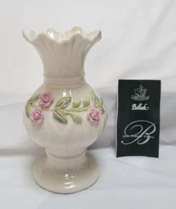 Belleek Ireland 6.5" Fluted Vase with Pink Roses and Leaves - Hand Painted - Picture 1 of 8