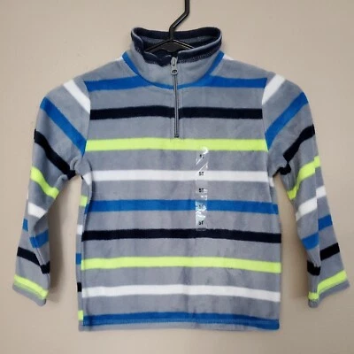 Childrens Place Size 5T Gray Navy Blue Yellow Fleece Boys Striped Pullover - Image 1 of 4