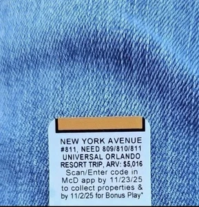 2025 McDonald’s Monopoly NEW YORK AVENUE #811 - UNREDEEMED - Picture 1 of 1