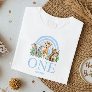 Personalised Blue Jungle Rainbow Birthday T-shirt - Picture 1 of 5
