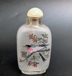 Vintage chinesische umgekehrt bemalte Schnupftabakflasche Strich Vogel Motiv - Bild 1 von 15