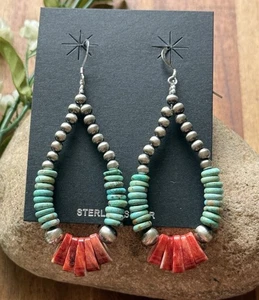 Sterling Silver Turquoise Spiny Oyster Pearls Bead Loop Hoop Earrings. 3 Inch - Picture 1 of 12
